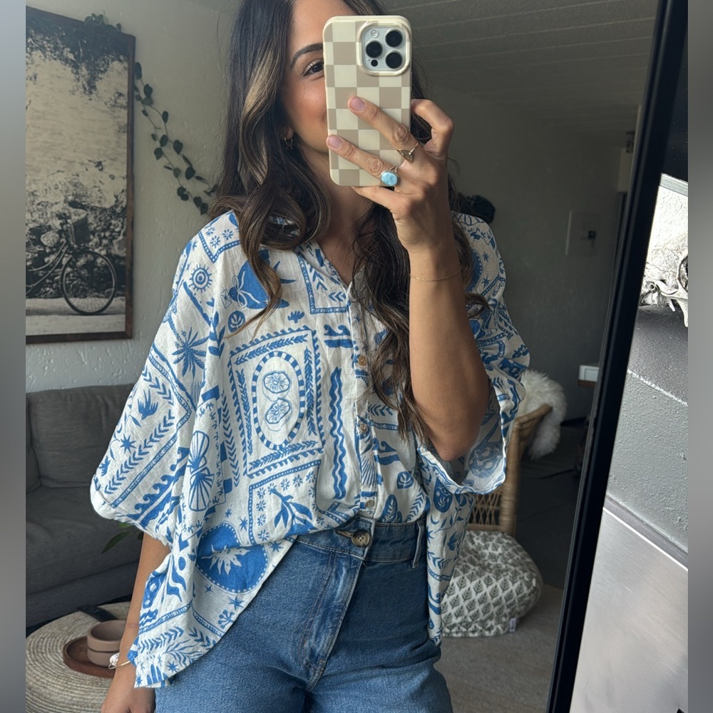 Blue and White Women's Top